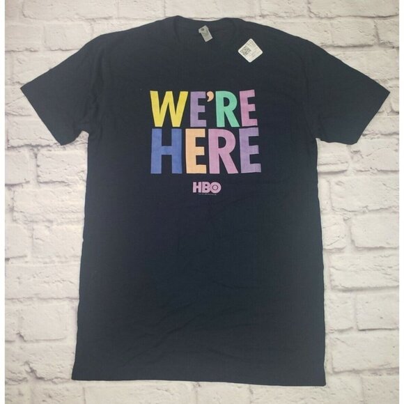 We're Here Rainbow Logo Adult Short Sleeve Navy Graphic T-Shirt Size Small - Picture 1 of 4